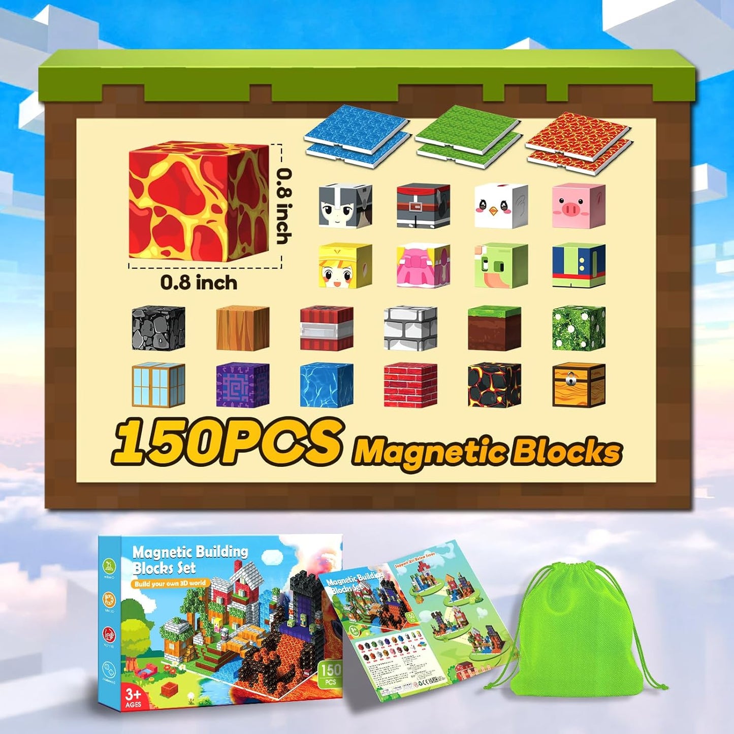 150PCS Magnetic Building Blocks - 6 Big Magnetic Base Building STEM Toys, Magnet Cube Game for Kids, Build Mine Castle Volcano World for Boys Girls Age 3-5 4-8 8-12, Sensory Outdoor Travel Toys Gifts