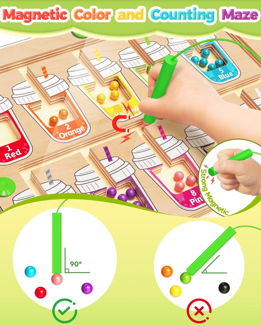Kidific Magnetic Color and Number Maze, Montessori Toys for 2 3 4 Year Old, Wooden Color Matching Puzzle Board, Preschool Learning Activities Travel Toys for Ages 2-4 for Girls Boys Birthday Gifts