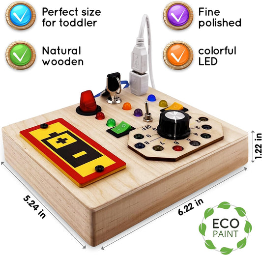 Wooden Montessori Musical Busy Board for Toddlers for 3-5 Year-Old with Mechanical Turner, Colorful Bulbs, Switches, Buttons - Enhance Sensory, Motor Skills
