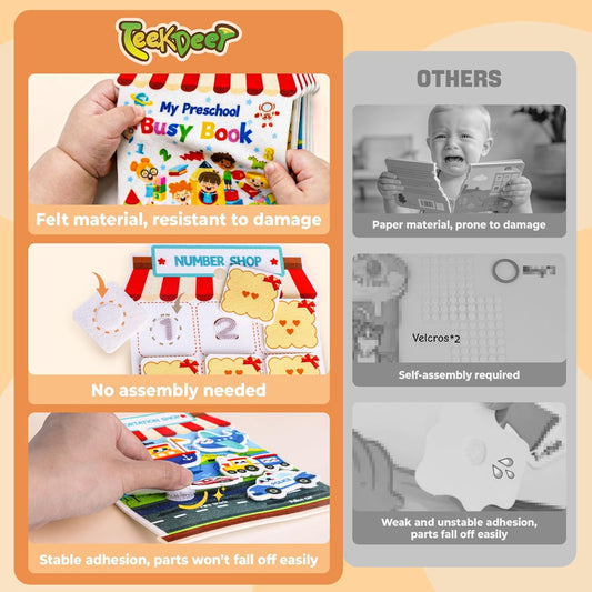 Activity Books for toddlers 1-3, Montessori Felt Busy Book for Toddlers, Educational Sensory Toys for Baby 1+, Preschool Learning Busy Board, Color Sorting Toys for Boys and Girls Birthday Gifts