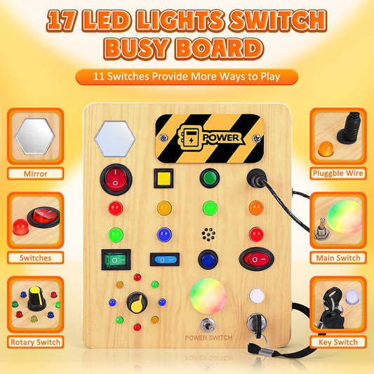 TINTECUSA Busy Board Montessori Toys for Toddler, Wooden Sensory Board Switch Toy with Shape Sorter LED Light Up Toys Educational Plane Travel Activity for Girls & Boys