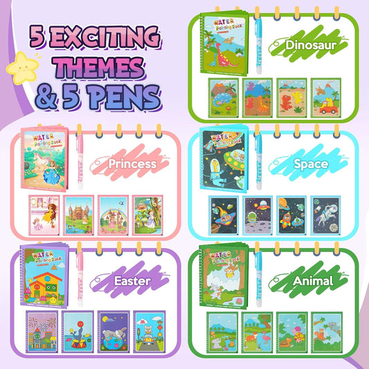 CMTOOP 5 Pack Water Coloring Books for Toddlers 1-3 - Mess Free Painting for Kids & Reusable Magic Water Activity Book - Aqua Art Travel Toys & Educational Arts and Crafts Gifts for Boys Girls Age 2-4