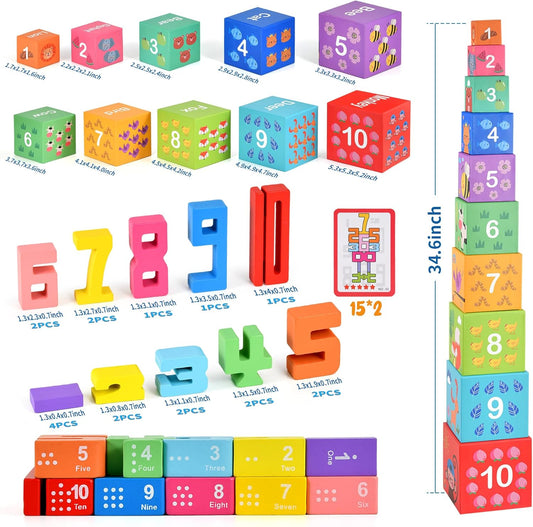 Wooden Number Building Blocks & Stacking Toys for Toddlers 3+ Years Old, Digital Building Blocks, 1-10 Digital Blocks Toys, Balance Competition Toy, Educational Gift for Kids Boys and Girls