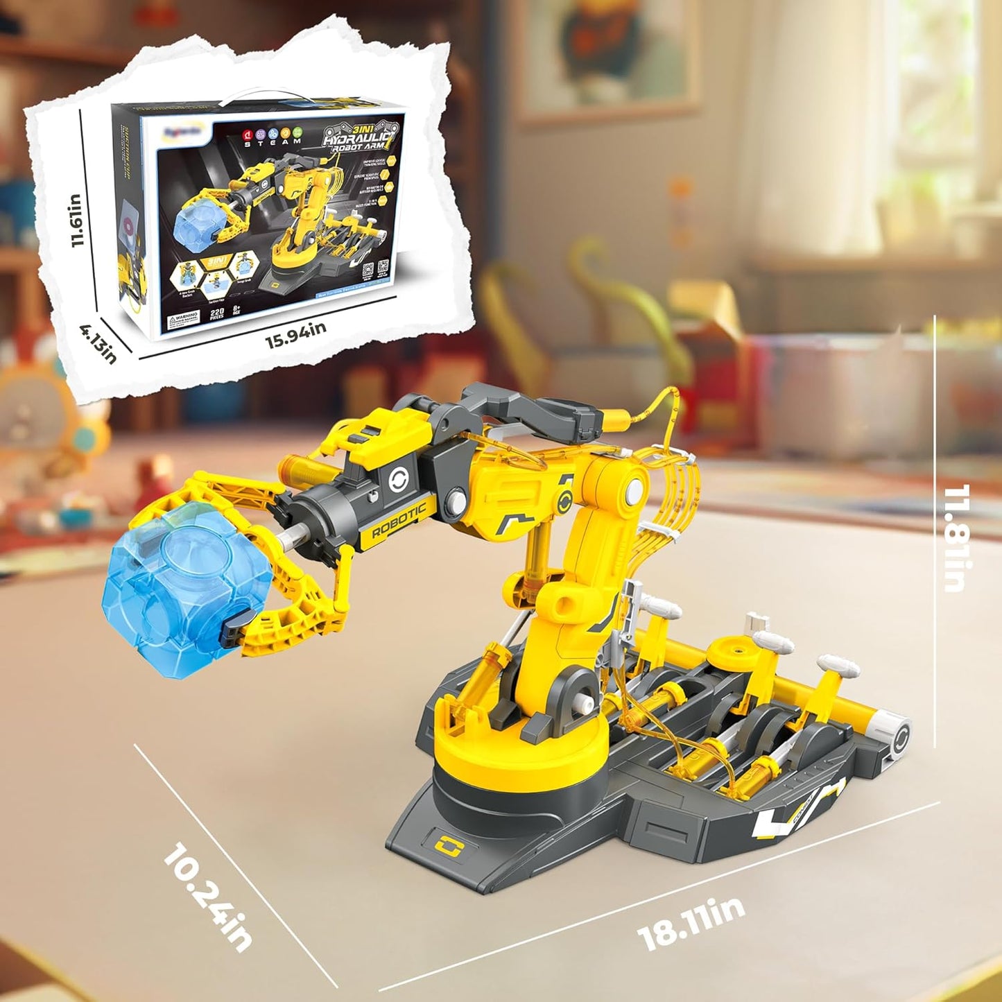 SMIESSKIDDO 3 in 1 Hydraulic Robot Arm - 220 Pcs STEM Building Toys with 4-Jaw Grab, Suction & Tongs for Kids 8-12 | No Batteries Needed Engineering Gift for Boys & Girls Ages 9 10 11 - Yellow