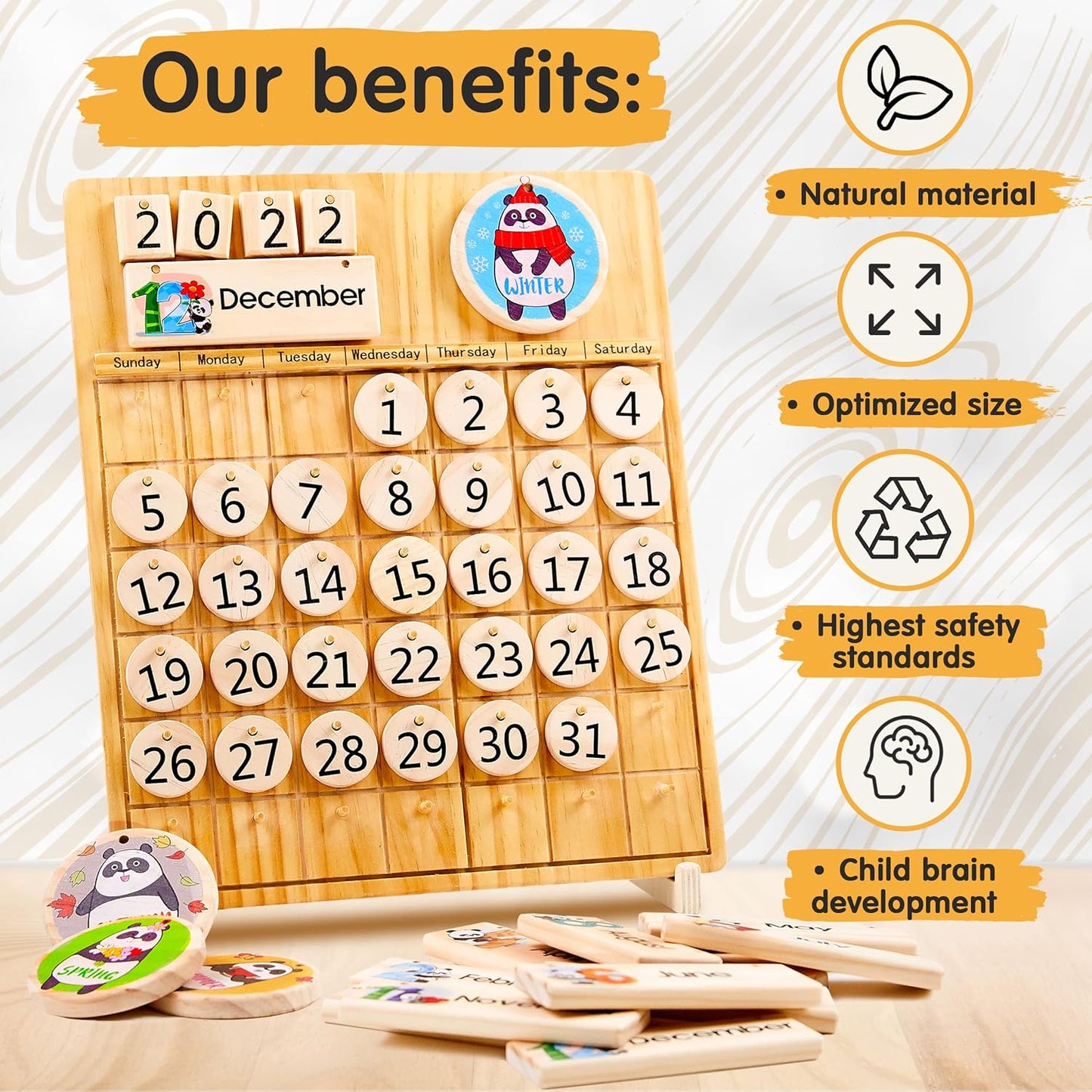 Panda Brothers Set of 2 Toys: Wooden Geoboard & Wooden Calendar. Montessori Toys for Kids, Wooden Toys, Sensory Toys for 3 4 5 Year Old, Busy Board, Preschool Classroom STEM Toys