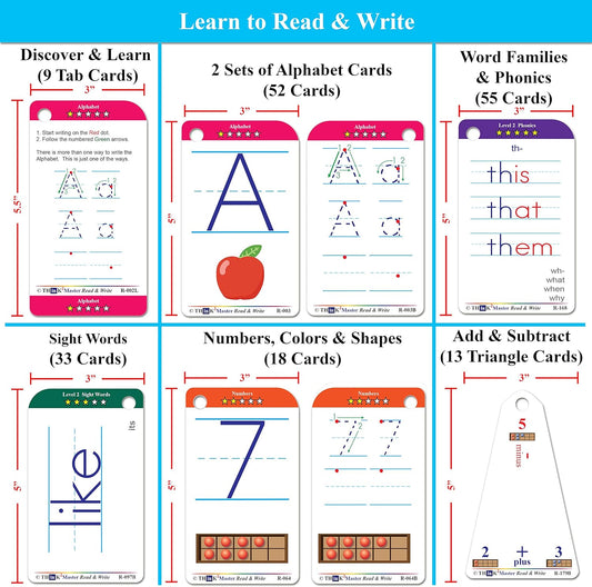 THINK2MASTER Premium 186 Laminated Alphabet, Sight Words & Phonics Flash Cards for Pre K & Kindergarten. (Bonus: 2 Dry Erase Markers, 5 Rings). Learn to Read, Write, Count, Add & Subtract Numbers.