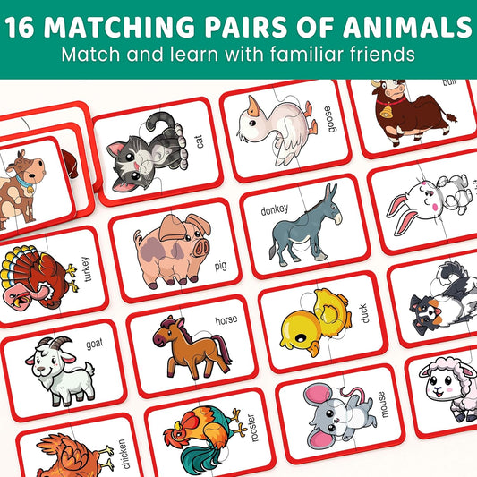 QUOKKA Toddler Puzzles Ages 2-4 – 100% Self-Correcting 16 Matching Pairs of Wood Animals – Educational Toddler Puzzles Ages 1-3 with 32 Pieces - Memory Matching Games for 3-5 Years Old Boys and Girls