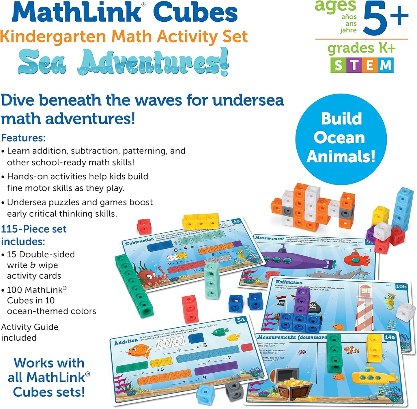 Learning Resources MathLink Cubes Kindergarten Math Activity Set Sea Adventures! - 115 Pieces, Age 5+, STEM Teaching Toys, Kindergartner Games