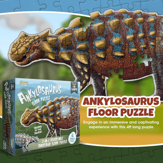 Tyrannosaurus Rex Dinosaur Jigsaw Puzzle | 100-Piece Double Sided Floor Puzzle with Glow-in-The-Dark Skeleton On Other Side | 4 FT Scientifically Accurate Dino Illustration | Educational Toy for Kids