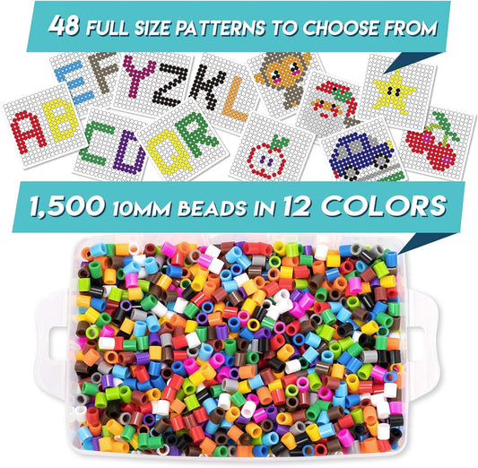shinshin creation Fuse Beads Kit for Kids - 1500 Large 10mm Melty Iron Beads with Pegboards, 48 Patterns - Arts and Crafts for Boys and Girls Ages 4-7