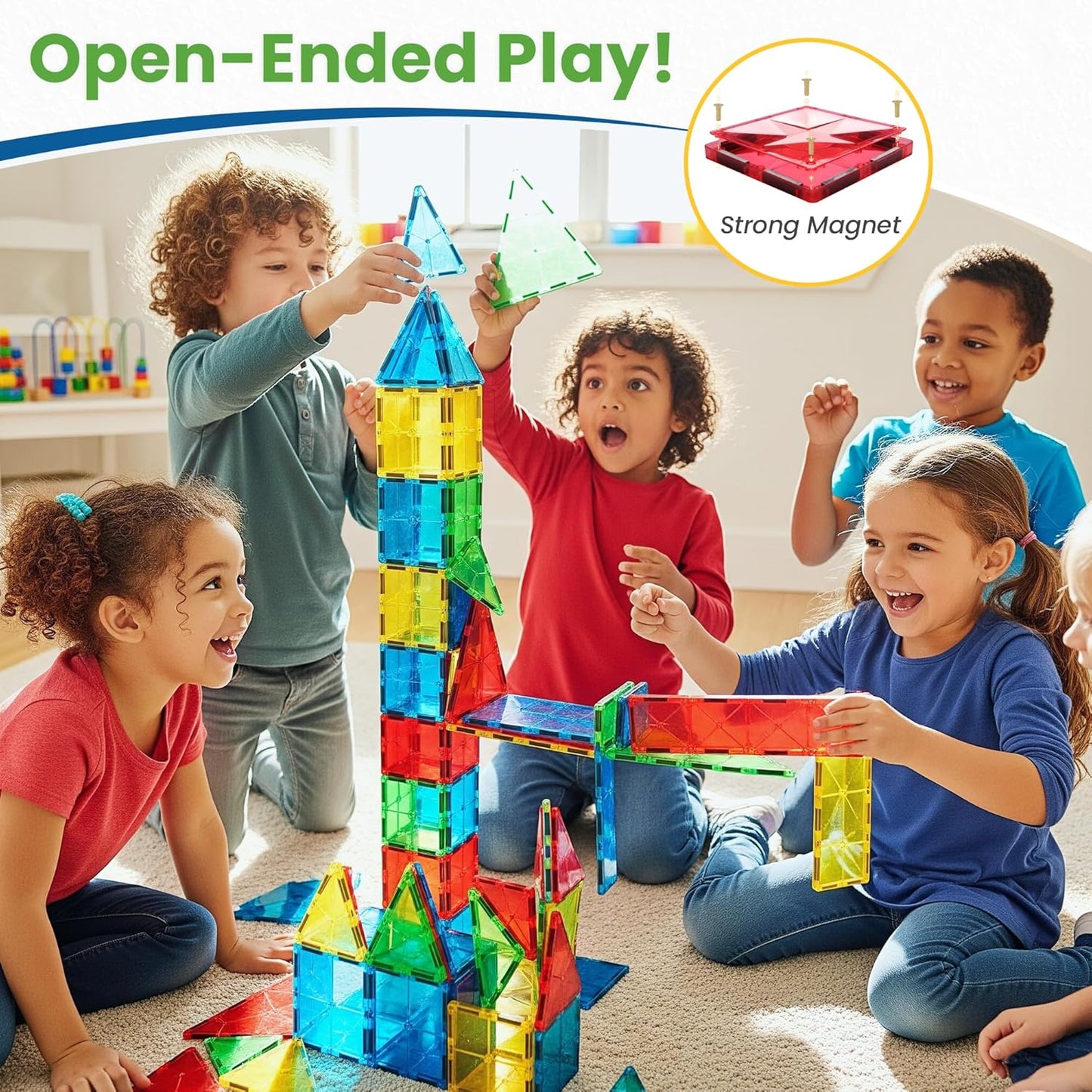 100 Pc Magnetic Tiles Building Blocks Set for Kids Educational Magnet Toys for Preschool Learning, Creative Play Room Toys for Boys & Girls