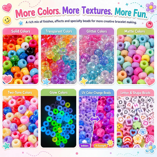 SJZWSD 5 Boxes Bracelet Making Kit Pony Beads, 6x9mm Kandi Rave Beads & Hair Beads Set with UV Color Changing, Glow-in-Dark, Chrome & Alphabet Letters for Friendship Jewelry DIY Crafts