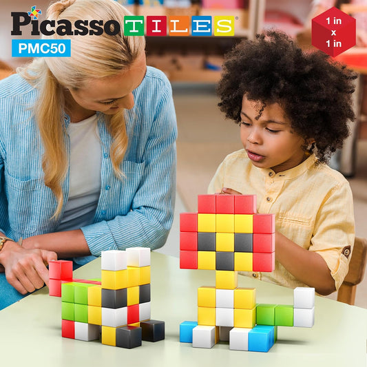 PicassoTiles 60pc Magnetic Puzzle Cube Building Set 1 Inch 3D Blocks STEM Construction Toy for Toddlers Kids Boys Girls Age 3+ Montessori Learning Travel Sensory Gift with Educational Idea Book PMC60