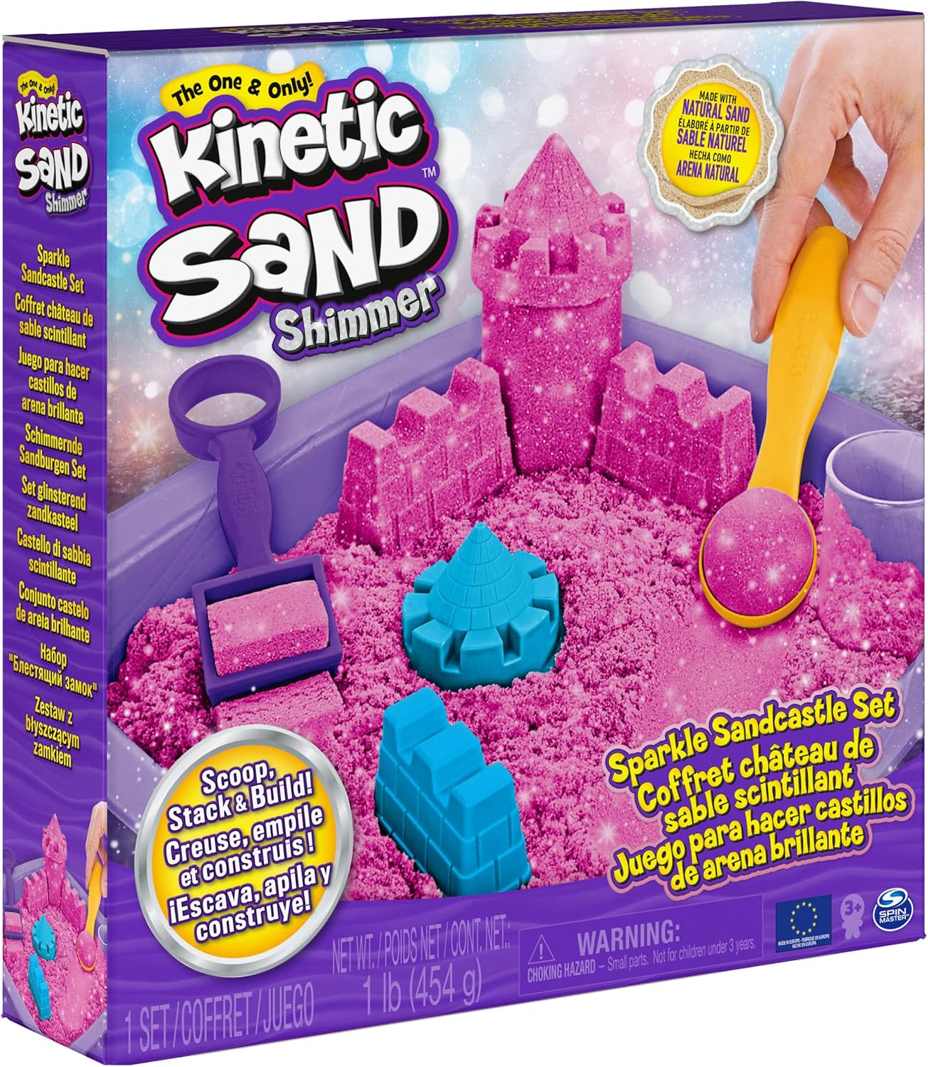 Kinetic Sand | Shimmer Sand Castle | Kinetic Sand 454g | Magic Sand | Pink Glitter Coloured Sand | 3 Accessories and Tray Included | Toys for Boys and Girls 3 Years