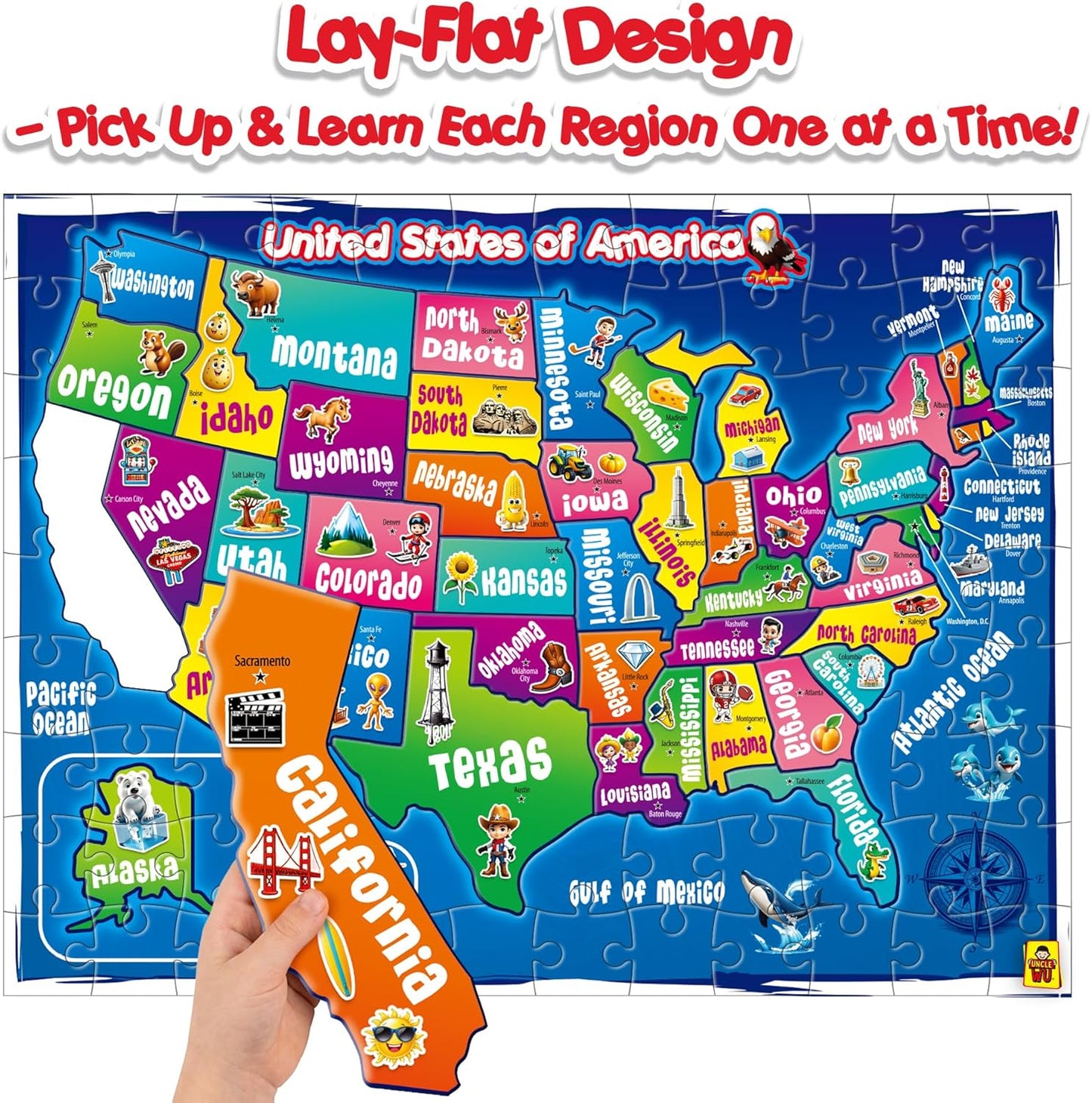 United States Map Puzzle for Kids Ages 4-8 - 103 Piece USA Geography Floor Jigsaw with State Shaped Pieces, Large 18x24 Educational Learning Toy – Each State is Individual Flat Piece