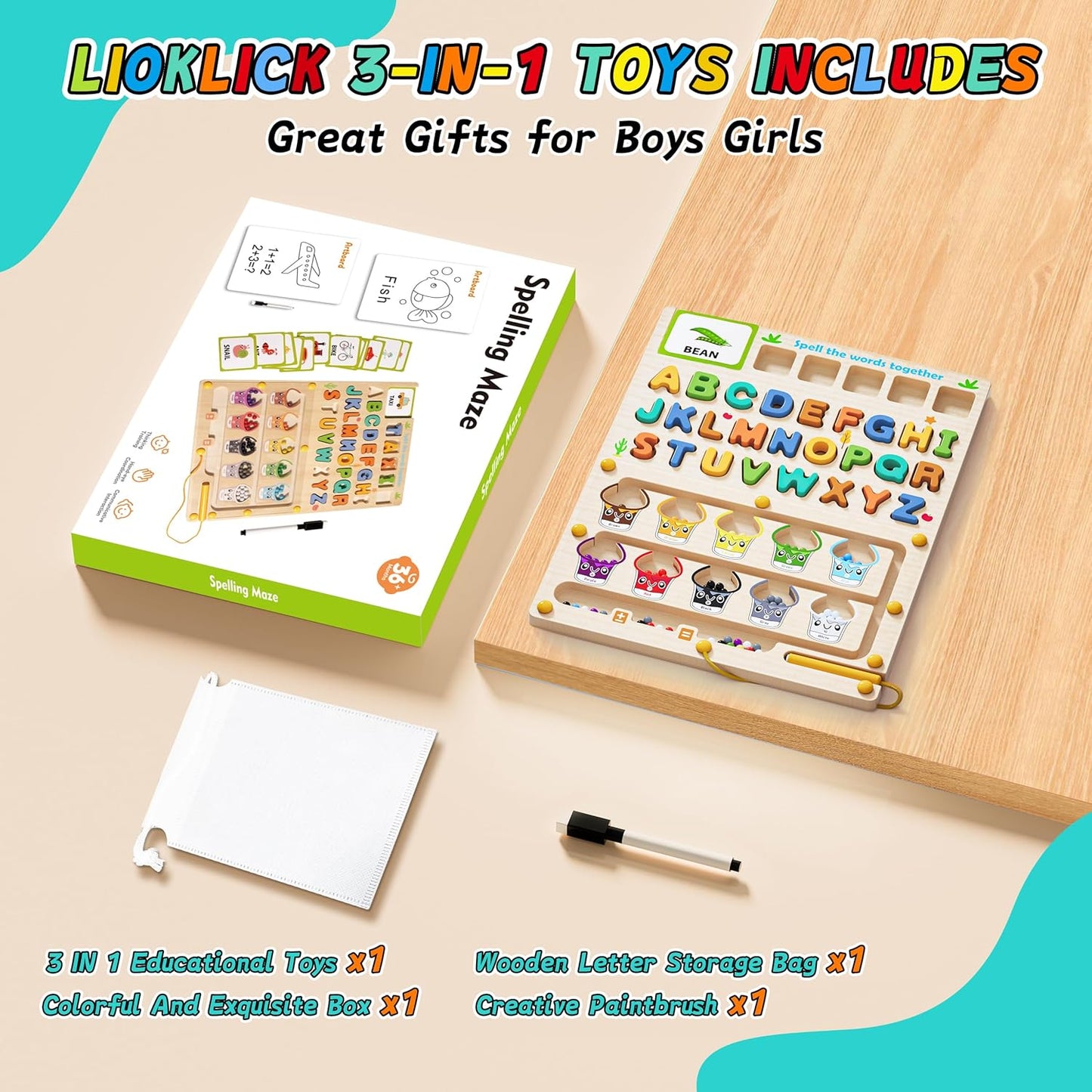 3 IN 1 Double Sided Montessori Toys- Magnetic Color and Number Maze, Toddler Wooden Alphabet Puzzles, Dry Erase Board, Preschool Learning Activities Toys for 3 4 5 6 Years Old Kids Girls Boys