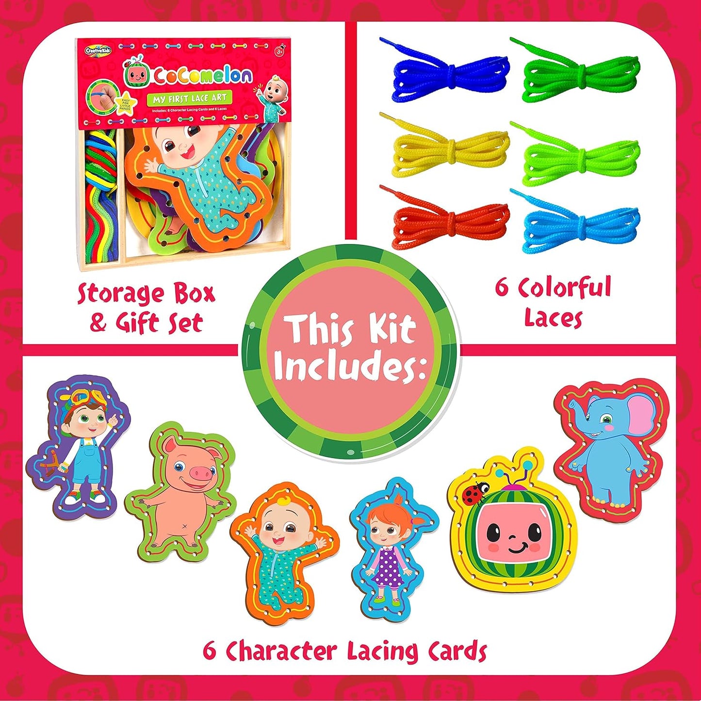 Cocomelon My First Lace Art- Wooden Cocomelon Tracing Activity- 6 Characters & 6 Laces Included- Fine Motor Development Toy for Toddlers & Preschoolers- Reusable Craft Kit-Gift for Boys Girls 3+