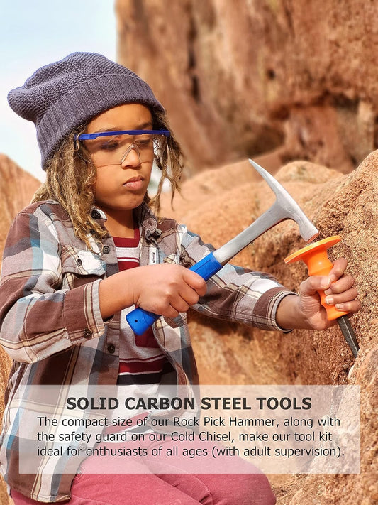 Rockhounding Tools - Geology Pick Hammer Kit With 32 Page Field Guide - Backpack for Chisel & Pick Set - Gifts for Kids & Adults - Gold Mining Equipment
