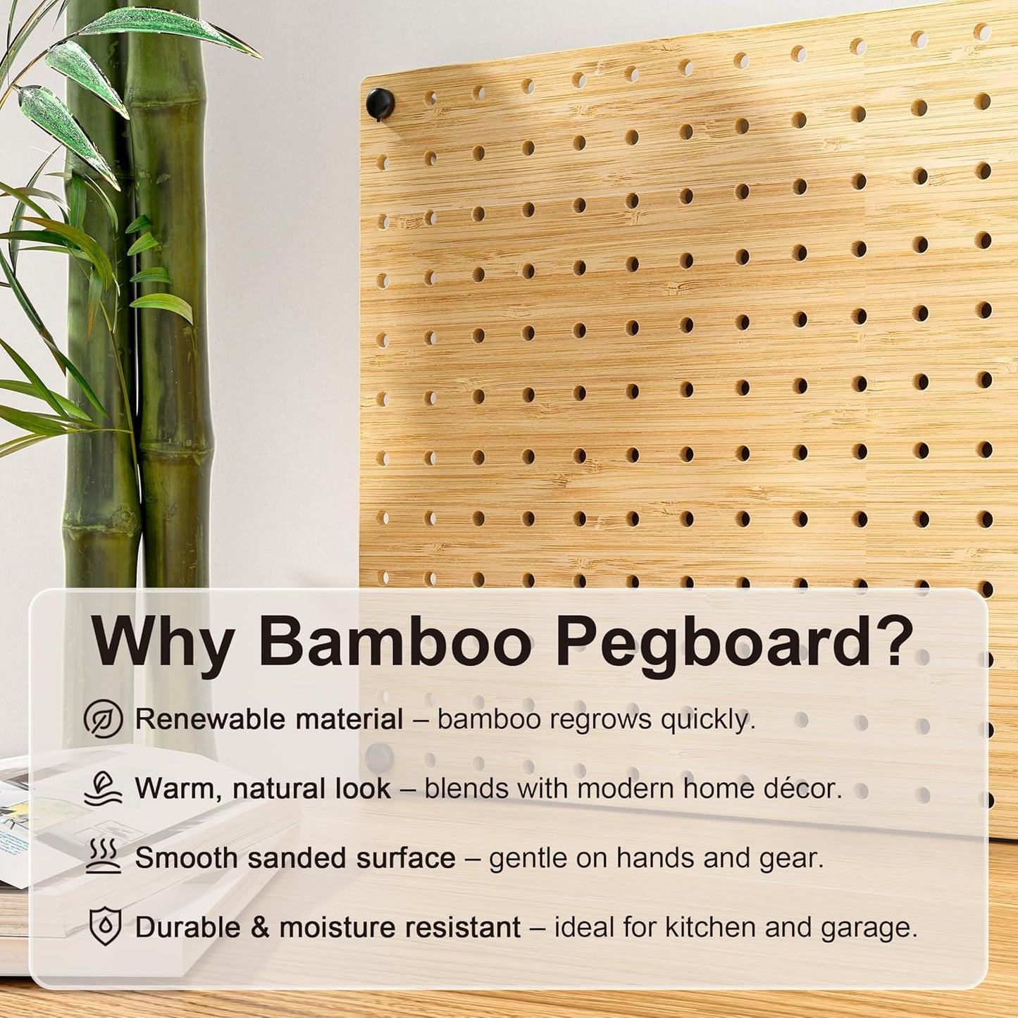 VOIMO Bamboo Pegboard Organizer Set, 6 Panels (16"x12") with 48 Hooks – Eco-Friendly Wall Mounted Storage Rack for Tools, Crafts & Office – Natural Bamboo Pegboard System with Accessories