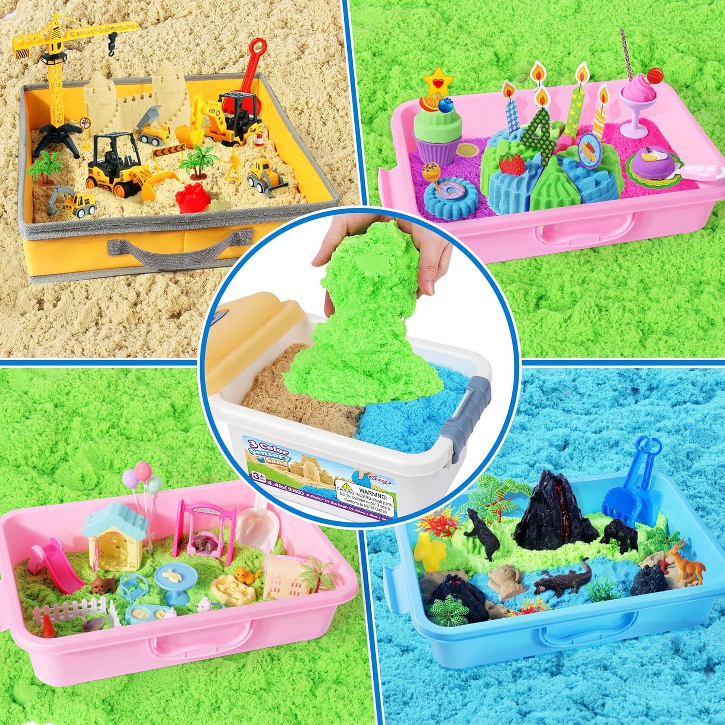 Billeeit 4.4 lbs Play Sand w/Storage Sand Box, 4-Pack(2 Yellow, 1 Blue, 1 Green) Sensory Bin Refill Sand for Shaping, Molding, Pressing, Scooping, Rolling, Self-Sticking Sand Sensory Toy for Kids 3+