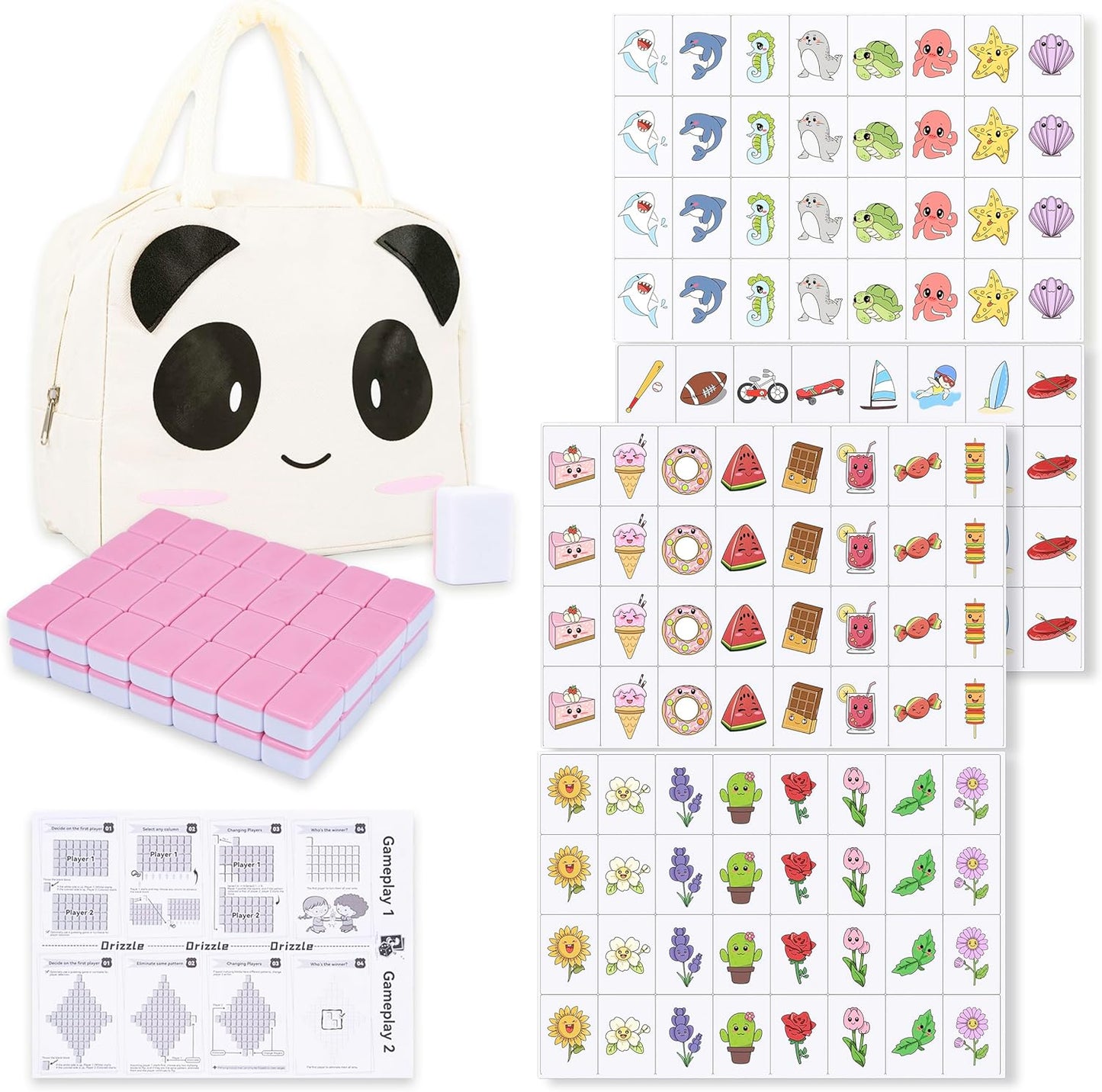 drizzle 65 Tiles Seaside Escape Blocks Game 30mm - Instruction Manual Panda Bag - National Flag & Vegetables Patterns