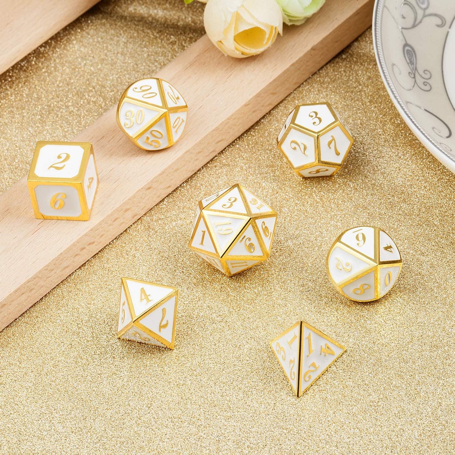 DnDnD Heavy Polyhedral Metal Dice Set with Metal Box, 7-die Shiny Blue Surface with Golden Number for RPG,Dungeons and Dragons,Pathfinder,Shadowrun,D&D,Role Palying Game and Math Teaching - Colors A