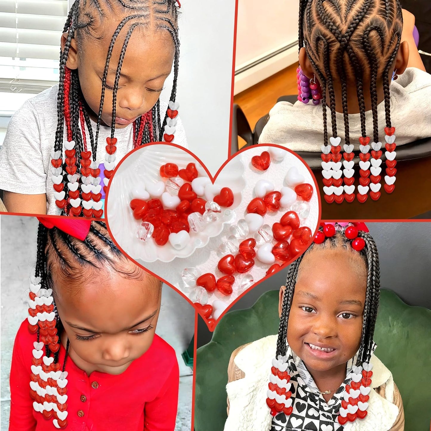 88PCS Pink White Hair Beads for Braids Lovely Heart Shape Loc Dreadlock Valentine's Day Bead Accessories Cute Acrylic Small Pony Beads for Kids Girls