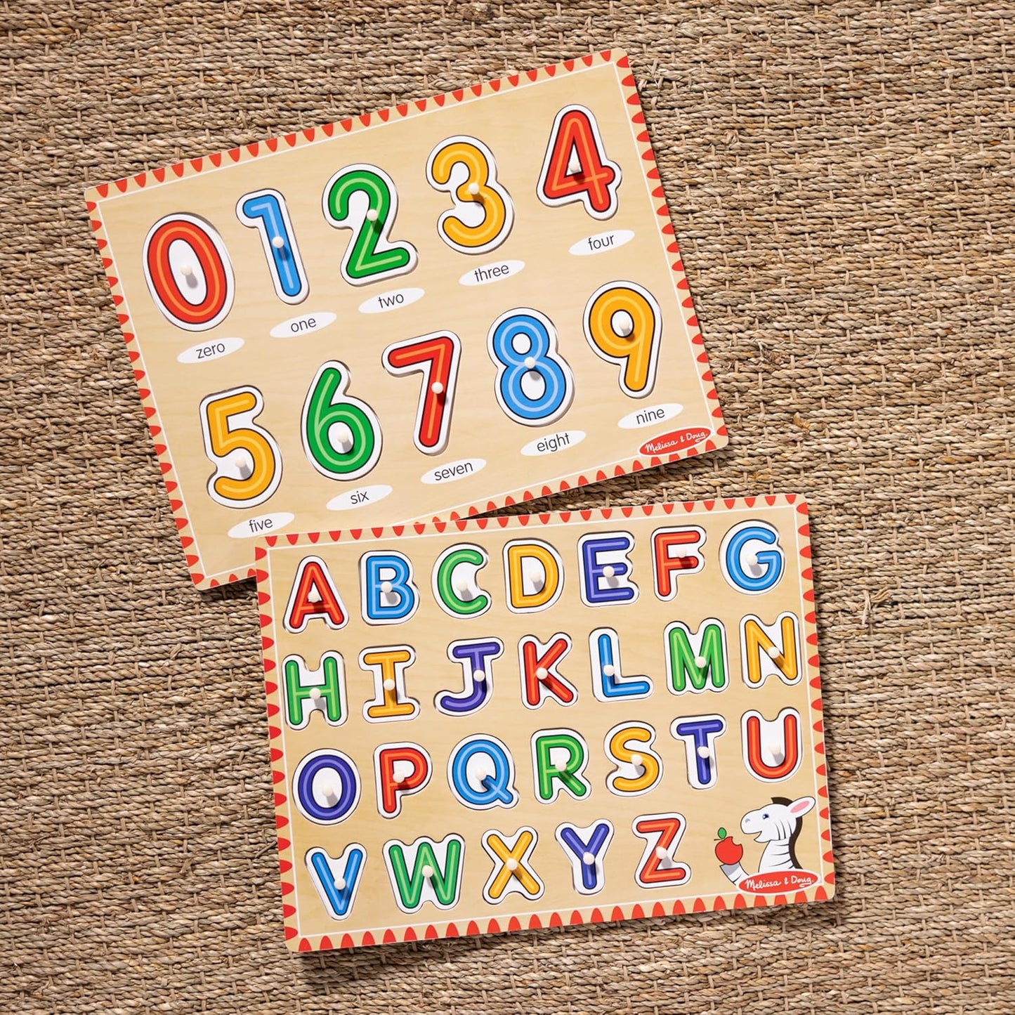 Melissa & Doug Wooden Lift & See Peg Puzzle Early Learning 2-Pack for Girls and Boys – Alphabet, Numbers