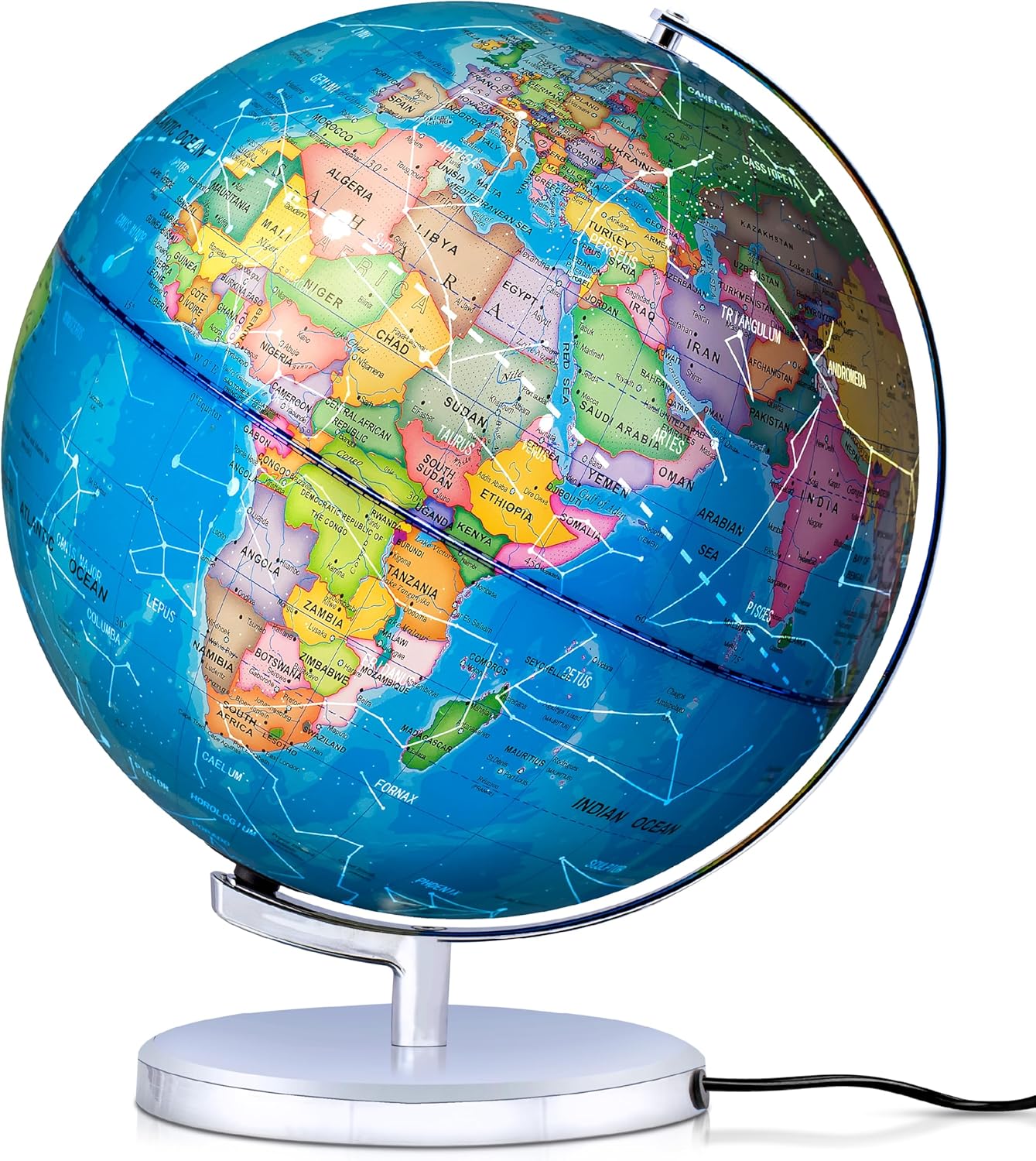 SMART WALLABY 9" Illuminated Educational Kids World Globe + STEM Flags & Countries Interactive Card Game. 3 in 1 Children Desktop Spinning Earth Political & Constellation Maps, LED Night Light Lamp