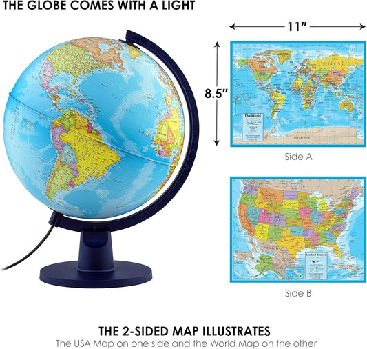 Waypoint Geographic Scout+ Illuminated With Map, World Globe for Kids, Decorative Classroom Globe with Stand, More than 4000 Places, 12” Interactive, Bonus Map Included, Blue