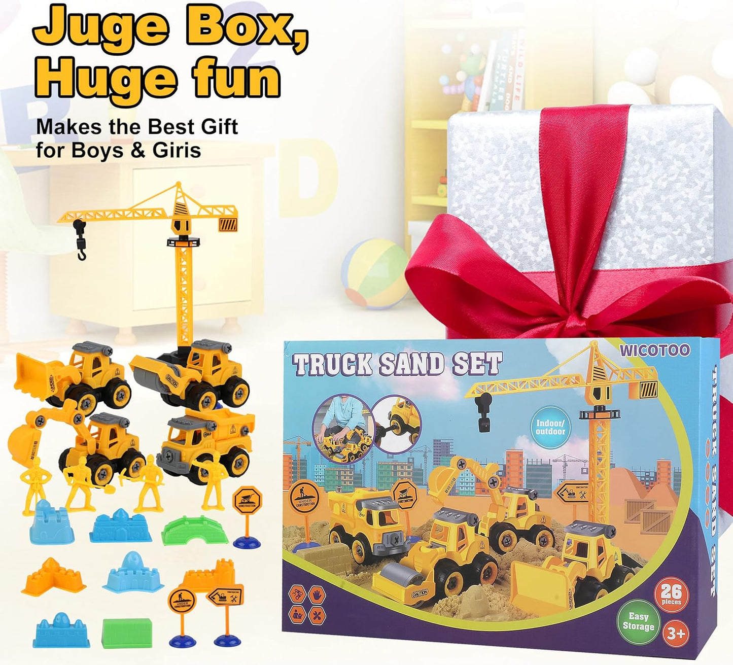 Sand Construction Kit,Sandbox,2.2lbs Magic Sand W/4 Take Apart Construction Trucks,Tower Crane,8 Sand Molds,4 Worker Figures,4 Road Signs,Toys for Boys Girls Age 4-8 Yellow,Brown