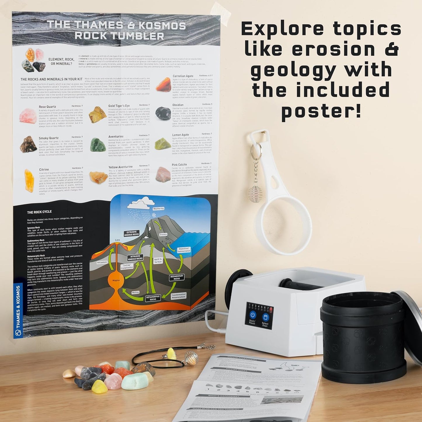 The Thames & Kosmos Rock Tumbler Essential STEM Tool | Durable, Leak-Proof, Noise-Reducing Barrel, Built-in Timer | Polish & Shine Kids Rock Collections, Includes Authentic Specimens & Polishing Grits