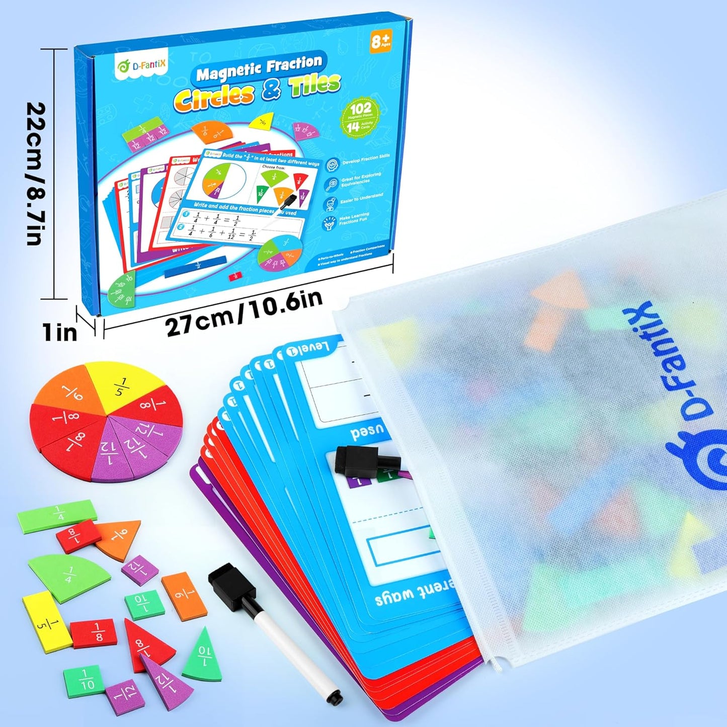 D-FantiX Magnetic Fraction Tiles & Fraction Circles Activity Set, Math Manipulatives for Elementary School, Fraction Manipulatives Montessori Learning Toys for Kids Students Homeschool Supplies