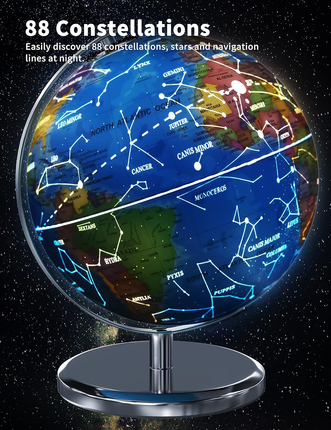 Waldauge Illuminated World Globe with Stand, 9" Earth Globes with Stable Heavy Metal Base for Kids Classroom Learning, LED Constellation Globe Night Light with HD Printed Map