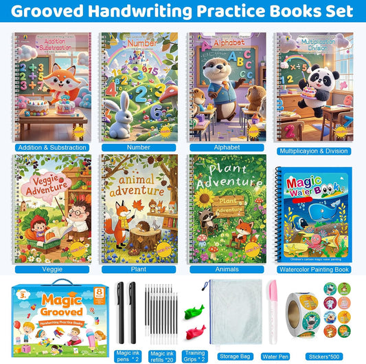 Magic Grooved Writing Practice Books for Kids 3-8, Reusable Grooved Handwriting Books-Letters Numbers Math Painting-Preschool Learning Activities-Birthday Gifts for 3 4 5 6 7 8 Years Old