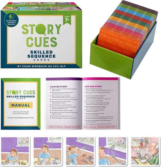 SkillEase Story Cues and Story Cues 2 Bundle, Higher Level Sequencing Cards, Speech Therapy Materials, Social Skills Game, Sentence Building and Picture Cards