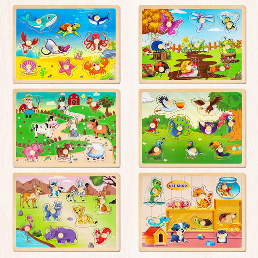 SYNARRY Wooden Puzzles for Toddlers 1-3, 6XSET Animals Puzzles for Toddlers 2-4 with Rack, Toddler Puzzles Ages 2-4, Kids Learning Educational Montessori Toys, Education Toys for 2 3 Years Boys Girls
