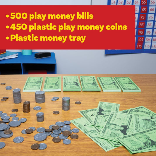 Learning Advantage Classroom Money Kit | Set of 950 Bills and Coins | Designed and Sized Like Real US Currency | Teach Currency, Counting and Math with Play Money | Includes Storage Tray and Lid