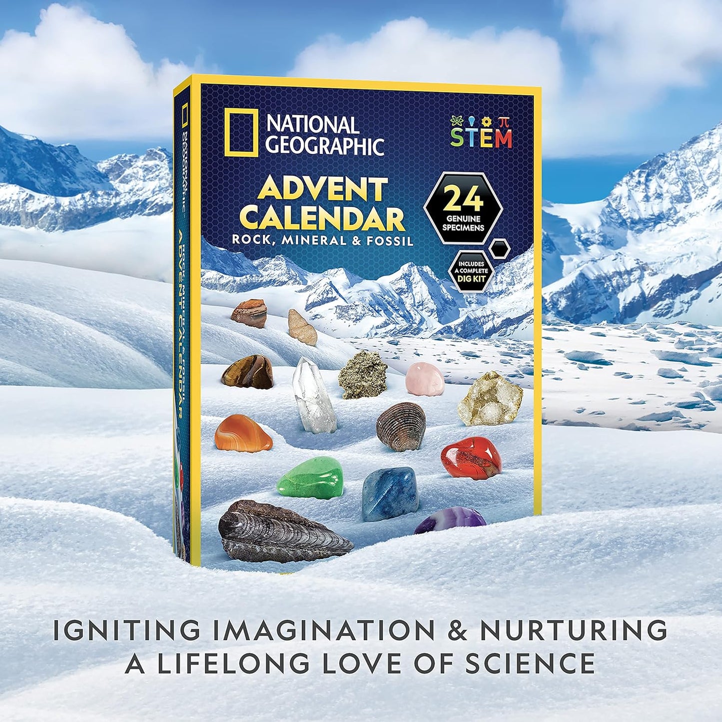 NATIONAL GEOGRAPHIC 2026 Rock Collection Advent Calendar - Countdown Calendar for Kids with 24 Gemstones, Minerals & Fossils for Kids, Complete Gem & Fossil Collection