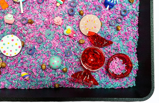 Sensory Bin, Sweets Sensory Bin, Valentine's Day Sensory Bin, Sensory Rice, Colored Rice, Sensory Table Items, Sensory Bin Filler, Sensory Filler, Toddler Activity, Montessori