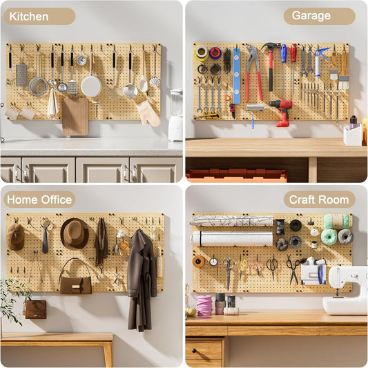 VOIMO Bamboo Pegboard Organizer Set, 6 Panels (16"x12") with 48 Hooks – Eco-Friendly Wall Mounted Storage Rack for Tools, Crafts & Office – Natural Bamboo Pegboard System with Accessories