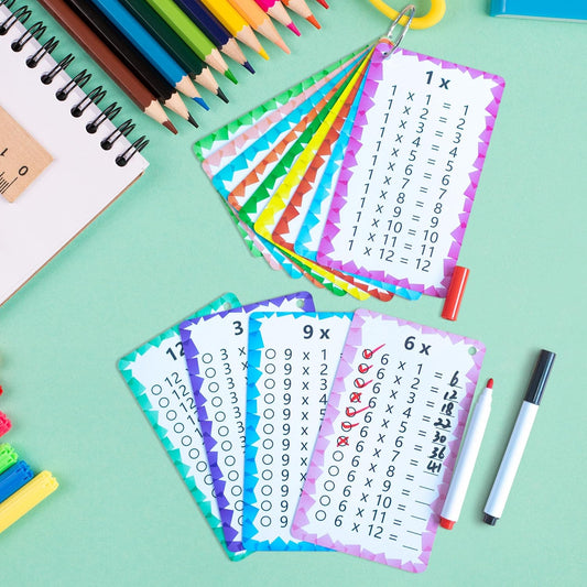 1 Set of 13 Multiplication Flashcard Math Game Times Table Flash Cardstock with 2 Dry Erase Markers and 2 Rings for Grades 1 to 3 Kids Fun Classroom Learning Supplies