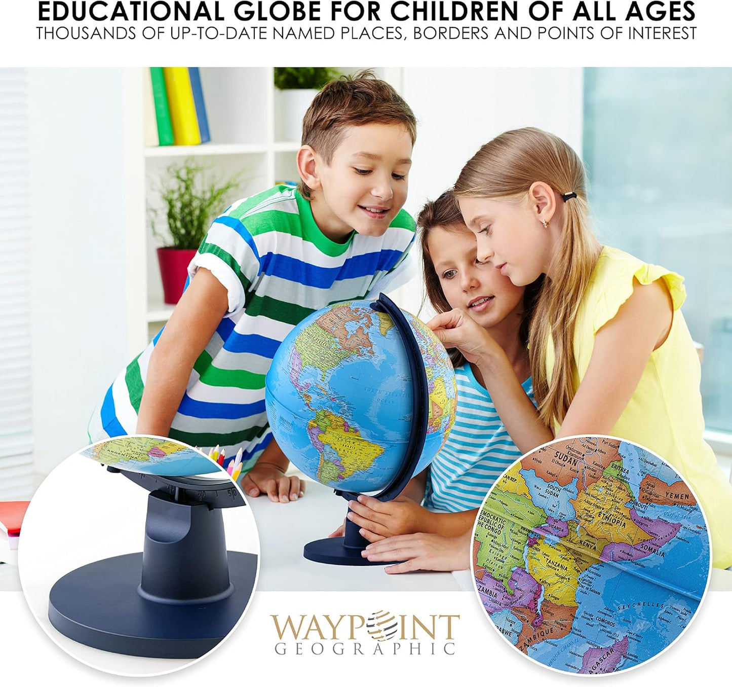 Waypoint Geographic Scout+ Illuminated With Map, World Globe for Kids, Decorative Classroom Globe with Stand, More than 4000 Places, 12” Interactive, Bonus Map Included, Blue