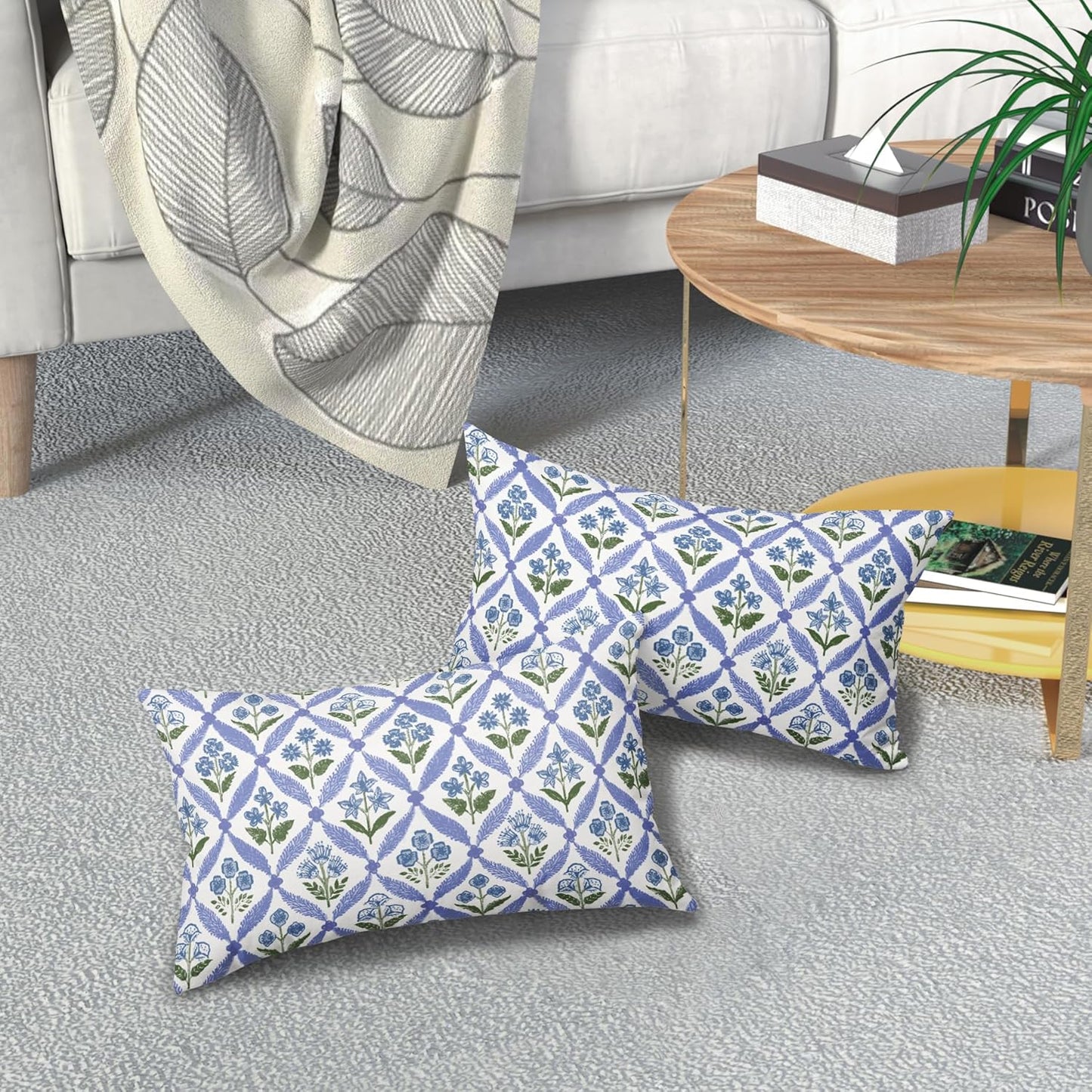 Blue Green Floral Block Print Pillow Covers 12X20 Set of 2, Flower Pattern Spring Summer Print Decorative Throw Pillow Covers Outdoor Farmhouse Seasonal Cushion Case Couch Sofa Bed Decor