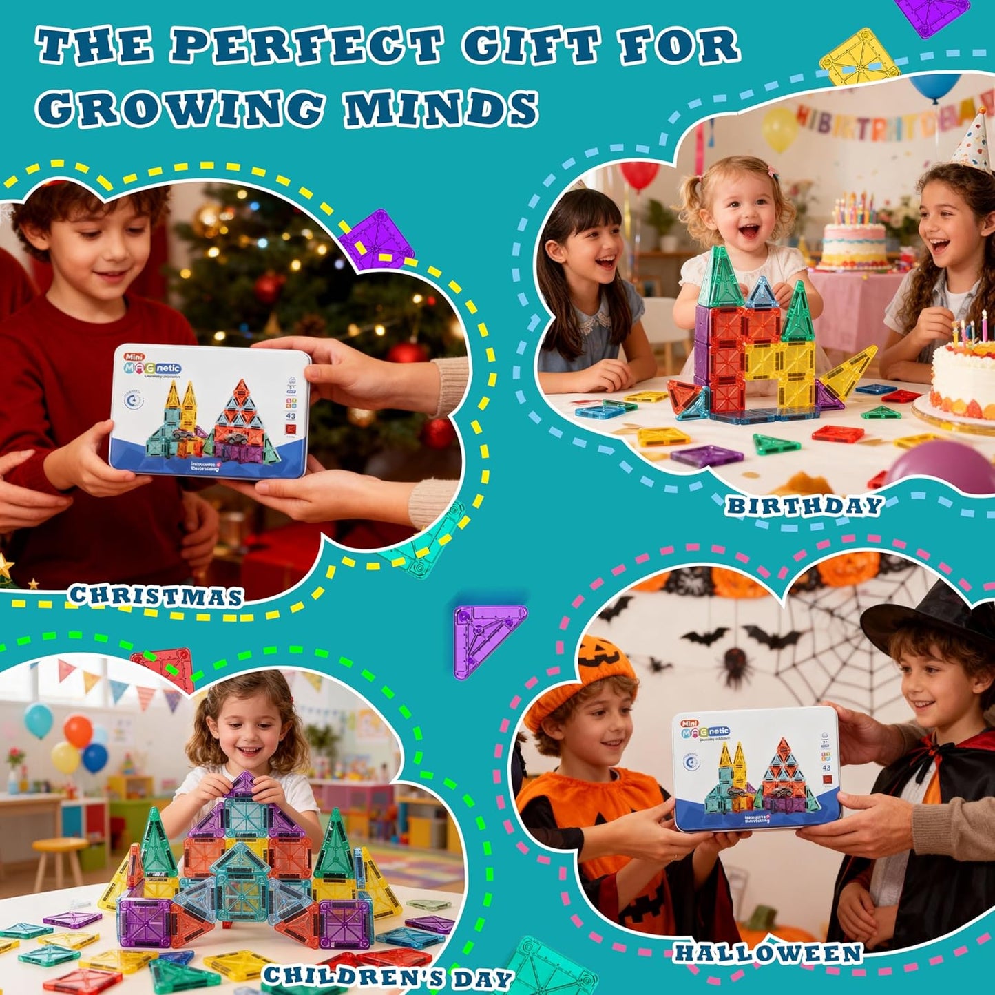 Magnetic Tiles for Kids Mini Magnet Tiles Building 43PCS Toddlers Magnetiles Travel Toys with Case & 2 Cars Basic STEM Magnets Construction Tile Toy Set Ages 3-8 Boys Girls
