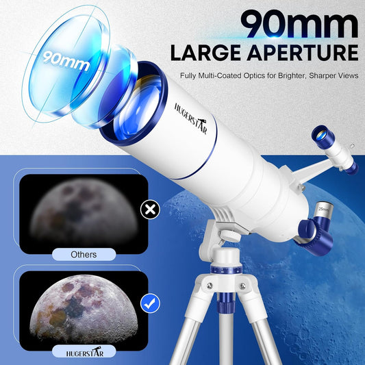 Telescope for Adults High Powered, 90mm Aperture 550mm Portable Refractor Telescope for Kids & Astronomy Beginners, Professional Telescopes with Tripod, Phone Adapter, Moon Filter, Carry Bag