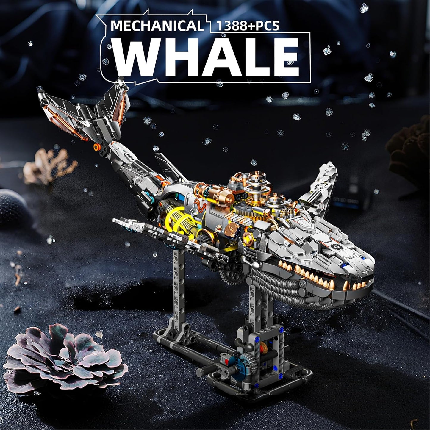 1085-PCS Mechanical Piranhas Fish Building Set with LED Light, Movable Linkage Gears, Display Stand,Mechanical Fish