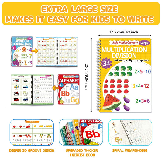 Magic Grooved Writing Practice for Kids 3-8,Grooved Handwriting Practice for Kids,8 Reusable Grooved Writing Books for Preschoolers Homeschooling, Letter, Number Tracing,Math,Drawing Activities