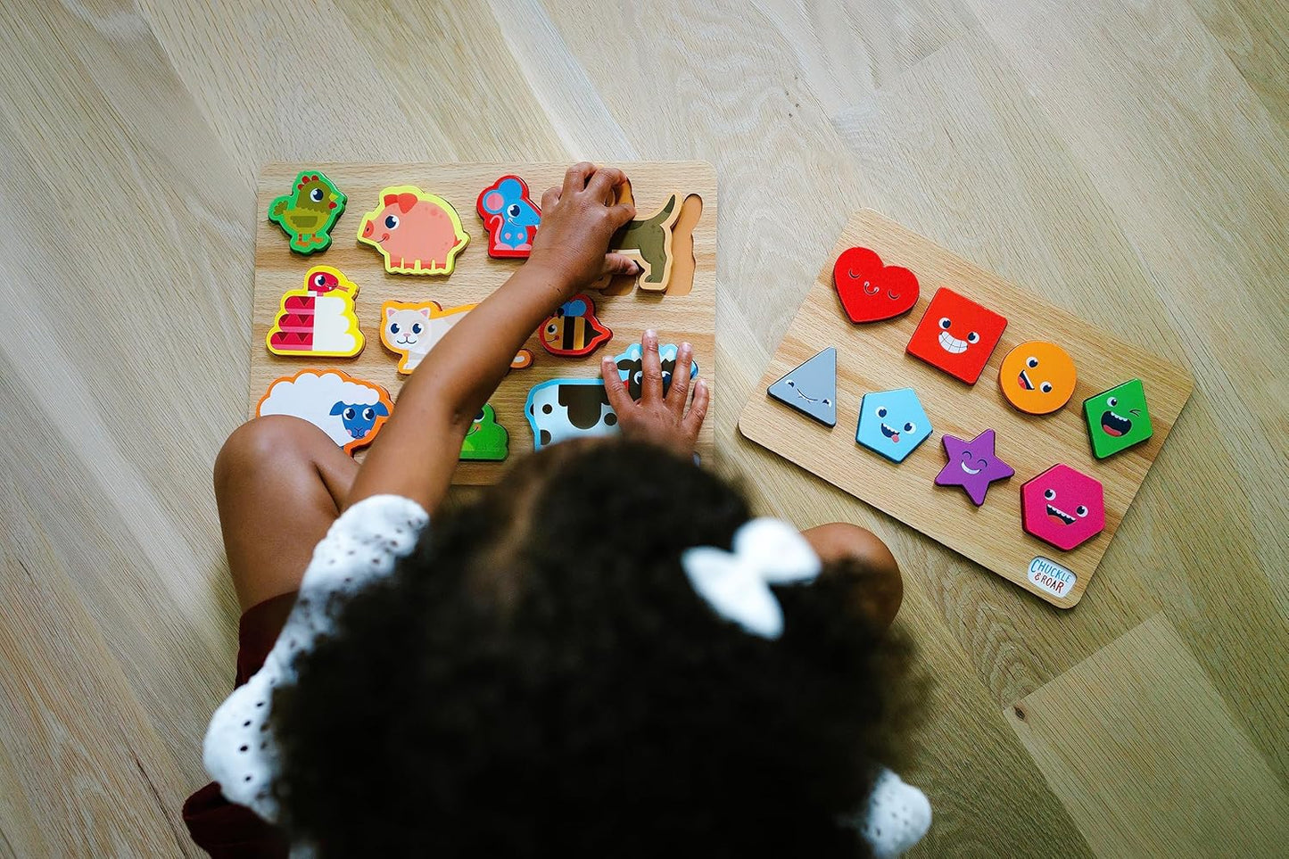 Chuckle & Roar - Jigsaw Wooden Puzzles Shapes and Animals 2 Pack - Preschool Puzzle for Toddlers Ages 3 Plus - Educational Puzzle Set for Fine Motor Skills and Screen Free Learning