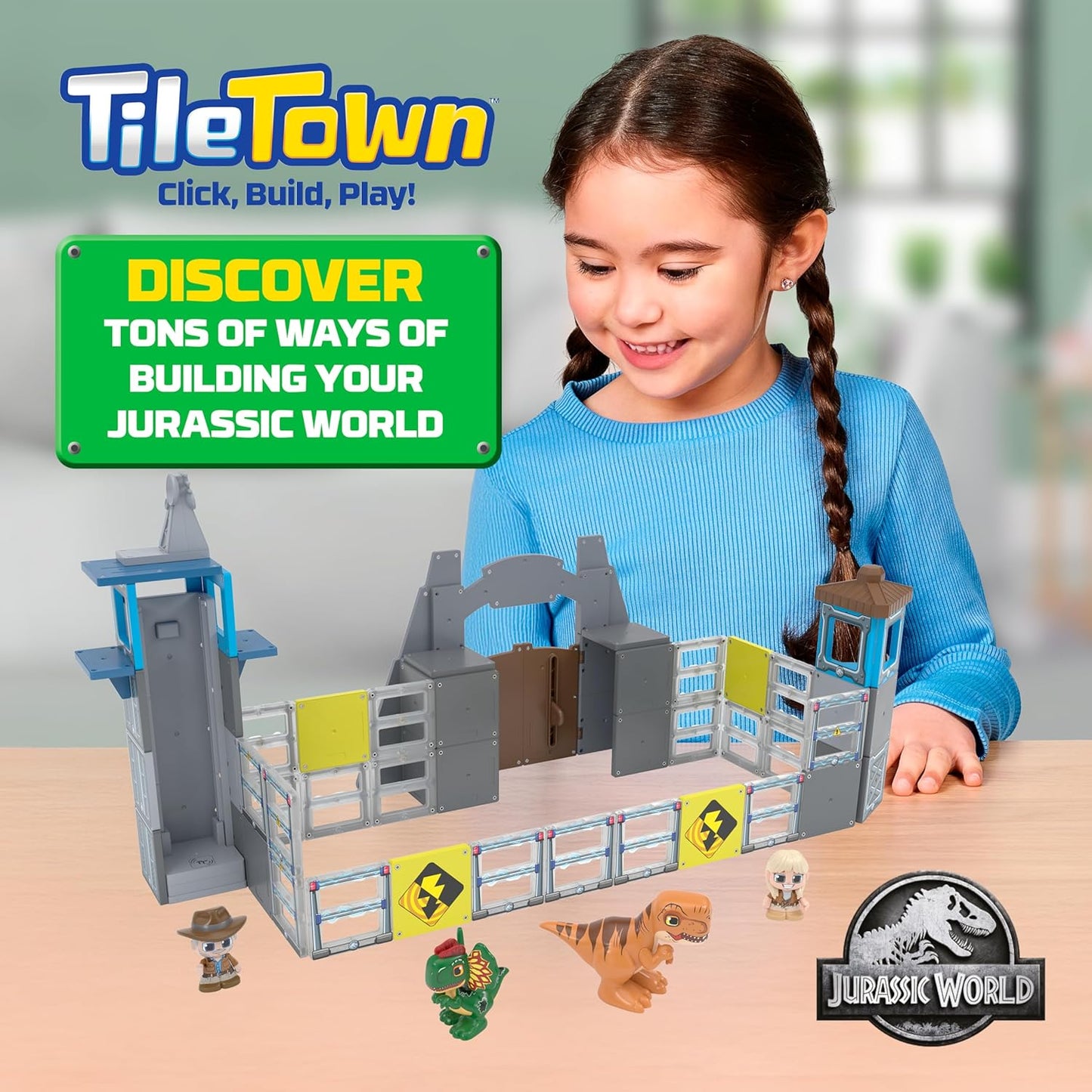 Tile Town Jurassic World Gate Escape Magnetic Tiles Set, 84 Piece Interactive Dinosaur STEM Toys Playset, Magnetic Animal Tiles for Kids Ages 3-6